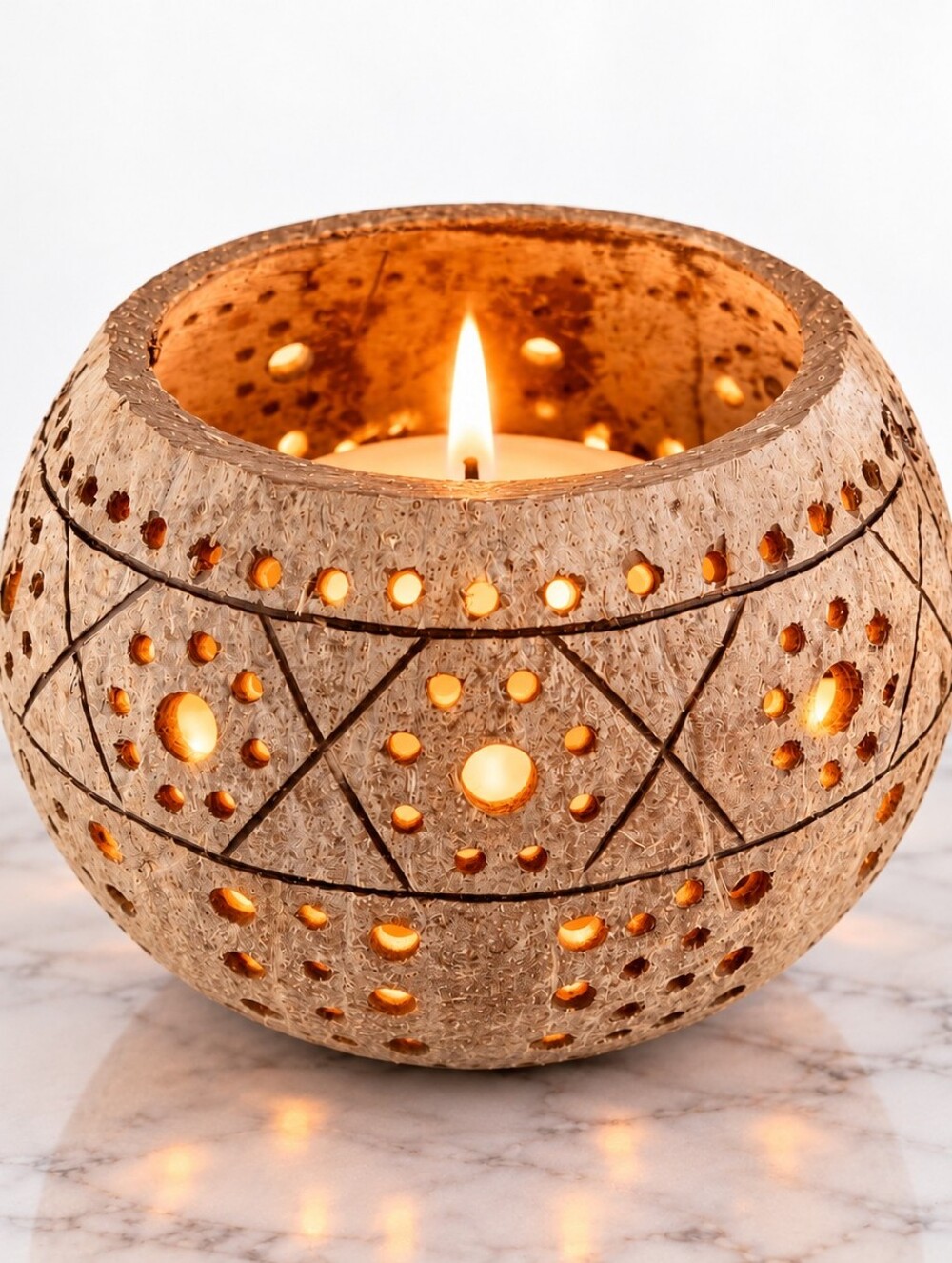 Hand-Carved Coconut Shell Candle Holder with Woven Stand | Boho Tropical Decor